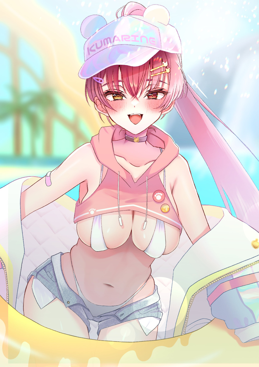 absurdres alternate_costume bare_shoulders baseball_cap beach bikini blue_shorts blush breasts collarbone cowboy_shot cropped_hoodie denim denim_shorts female hat heterochromia high_ponytail highres hinoki_kahun0 hololive hood hood_down hoodie houshou_marine jacket large_breasts navel ocean off_shoulder open_mouth palm_tree pink_hoodie red_eyes red_hair short_shorts shorts smile solo swimsuit teeth tongue tree upper_teeth_only virtual_youtuber white_bikini white_hat white_jacket yellow_eyes