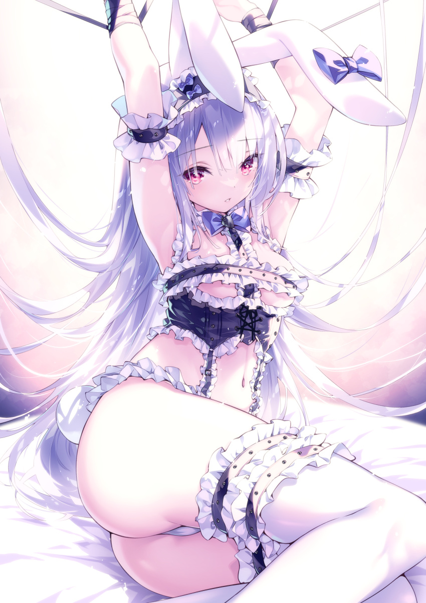 absurdres animal_ears armpits blue_eyes bound breasts female frills highres hirano_katsuyuki leather_strap lingerie long_hair looking_at_viewer navel original rabbit_ears red_eyes ribbon ribbon_bondage solo studs thighhighs thighs underwear