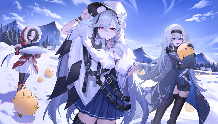 3girls absurdres animal azur_lane belt belt_buckle black_belt black_coat black_dress black_hair black_thighhighs blue_eyes blue_skirt bon_homme_richard_(azur_lane) buckle coat commission crossed_bangs dress fish fur-trimmed_jacket fur_trim glasses hat hat_tip highres holding holding_animal holding_fish hood hooded_jacket jacket jeze long_hair long_sleeves looking_at_viewer manjuu_(azur_lane) minsk_(azur_lane) multicolored_hair multiple_girls open_clothes open_coat outdoors pixiv_commission pleated_skirt purple_eyes red_jacket round_eyewear skirt smile snow thighhighs two-tone_hair white_hair white_hat