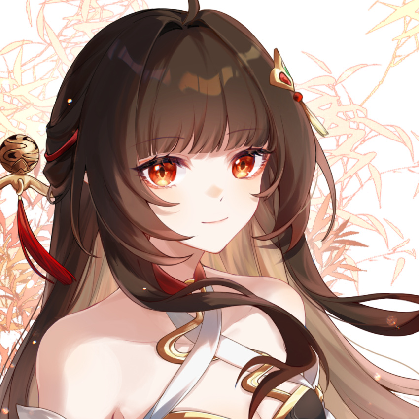 bare_shoulders breasts brown_hair cleavage female hair_intakes honkai:_star_rail honkai_(series) lingsha_(honkai:_star_rail) long_hair looking_at_viewer mangzhi_yaoyao orange_eyes smile solo upper_body very_long_hair white_background