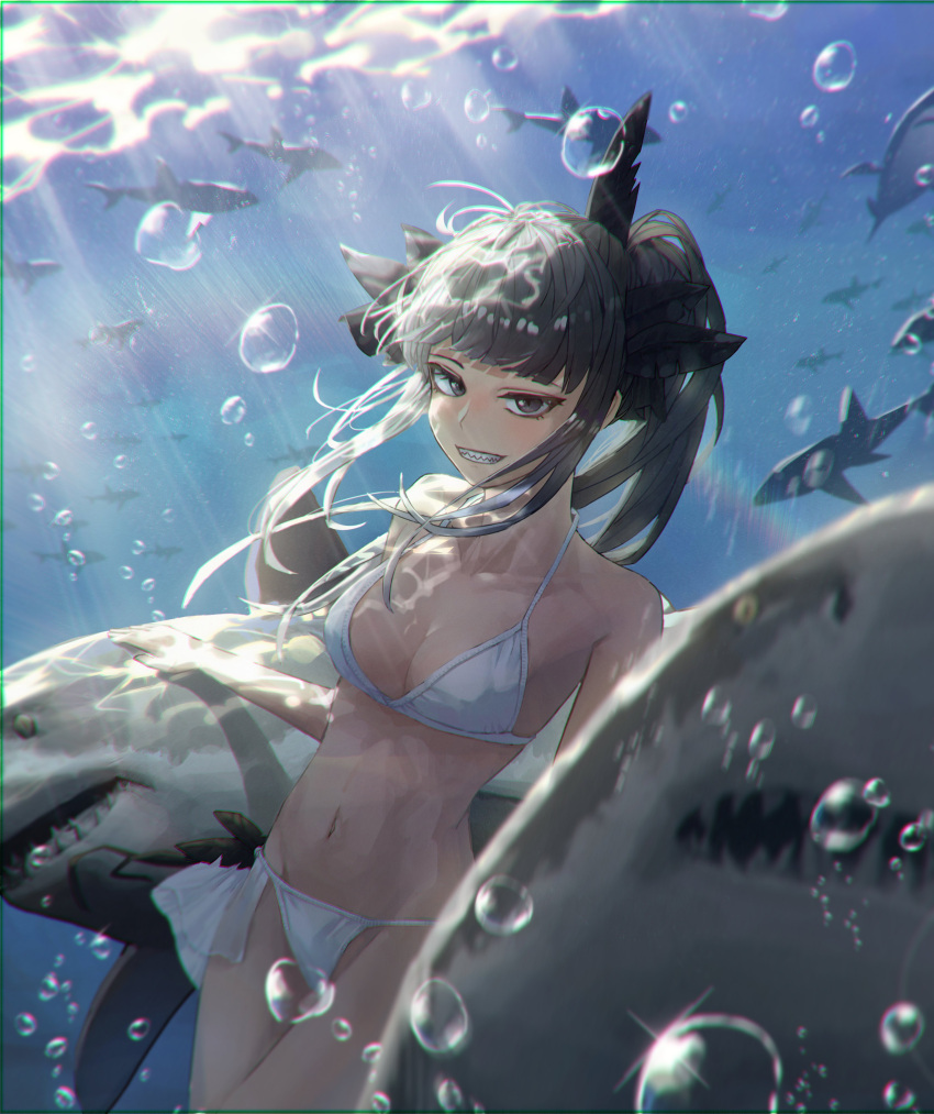 absurdres air_bubble artemis_of_the_blue atelier_live bikini black_ribbon blunt_bangs bubble deuljjugnaljjug female great_white_shark hair_ribbon highres indie_virtual_youtuber looking_at_viewer navel ponytail ribbon shark shark_fin sharp_teeth smile submerged swimsuit teeth underwear virtual_youtuber white_bikini