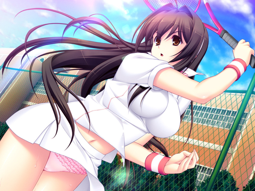 breasts brown_eyes brown_hair highres large_breasts maishima_yuri nerawareta_megami_tenshi_angeltia non-web_source panties purple_panties school sportswear tennis tennis_uniform tsukumo_kazuita underwear