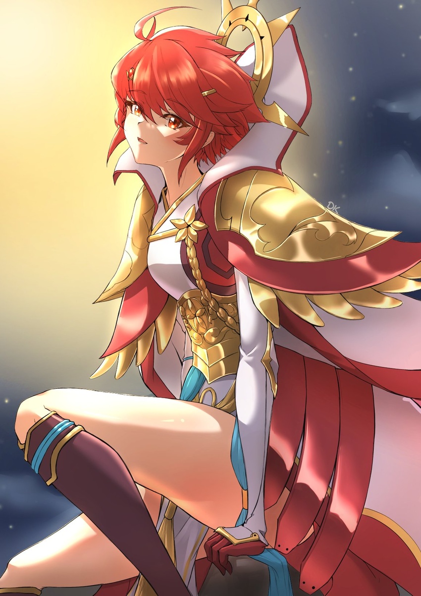 ahoge armor boots cape circlet deekei female fire_emblem fire_emblem_fates fire_emblem_heroes gloves gold_trim hair_between_eyes highres hinoka_(fire_emblem) hinoka_(thundering_wings)_(fire_emblem) japanese_clothes knee_boots looking_at_viewer official_alternate_costume red_eyes red_hair short_hair shoulder_armor solo thighs