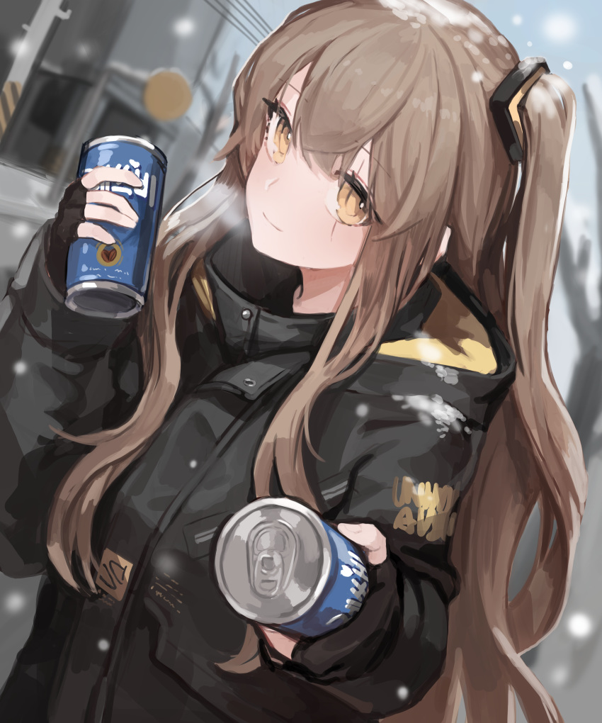 absurdres black_coat black_gloves blush breath brown_eyes brown_hair can closed_mouth coat commentary drink_can dutch_angle female fingerless_gloves girls'_frontline gloves highres holding holding_can hood hood_down hooded_coat long_hair long_sleeves looking_at_viewer official_alternate_costume one_side_up outdoors seorang shell_jacket sidelocks smile snowing soda_can solo ump45_(girls'_frontline) ump45_(winter_journey)_(girls'_frontline) upper_body winter yellow_eyes