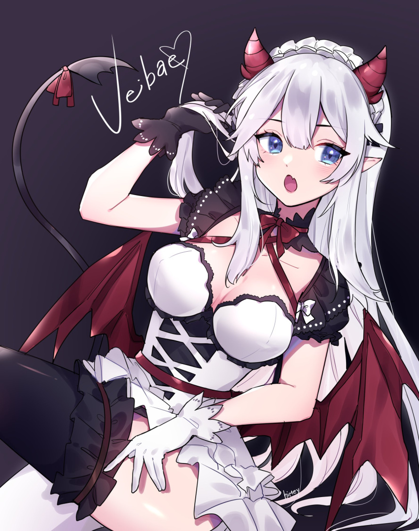 :o black_gloves bow breasts character_name cleavage demon_girl demon_horns demon_wings dress female gloves highres himey horns looking_to_the_side maid_headdress medium_breasts oerba_yun_fang open_mouth pointy_ears skin_fang solo thighhighs vei_(vtuber) vei_(vtuber)_(4th_costume) virtual_youtuber vshojo white_bow white_dress white_gloves white_hair wings