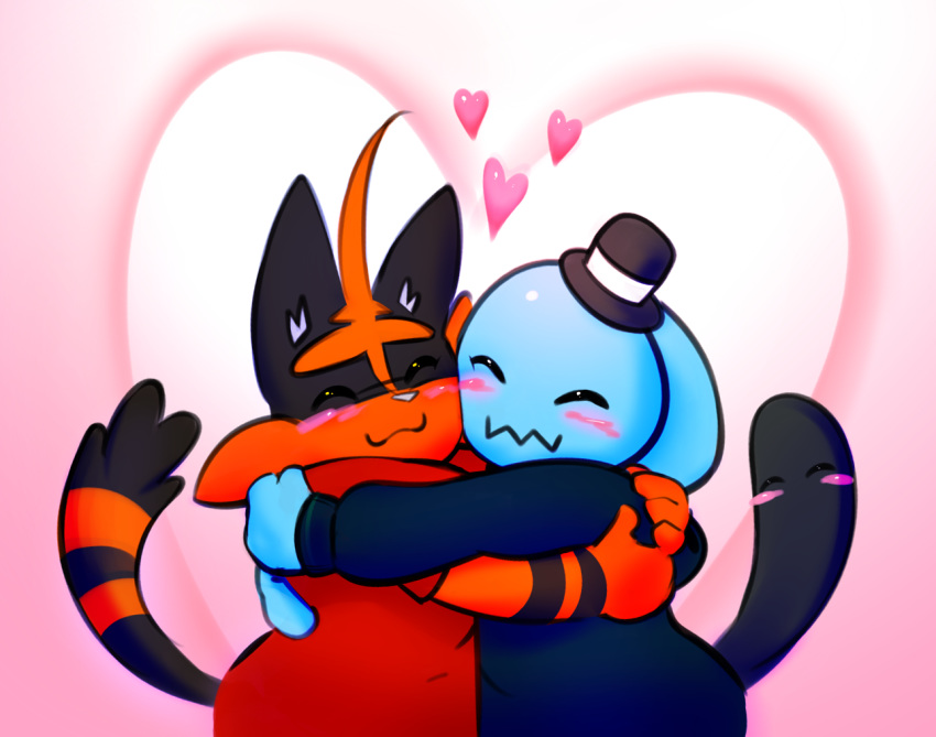 anthro anthrofied blush closed_eyes clothed clothing duo elpatrixf felid generation_2_pokemon generation_7_pokemon heart_symbol honwuffet hug love male male/male mammal nintendo pokemon pokemon_(species) smile torracat torrapat wobbuffet