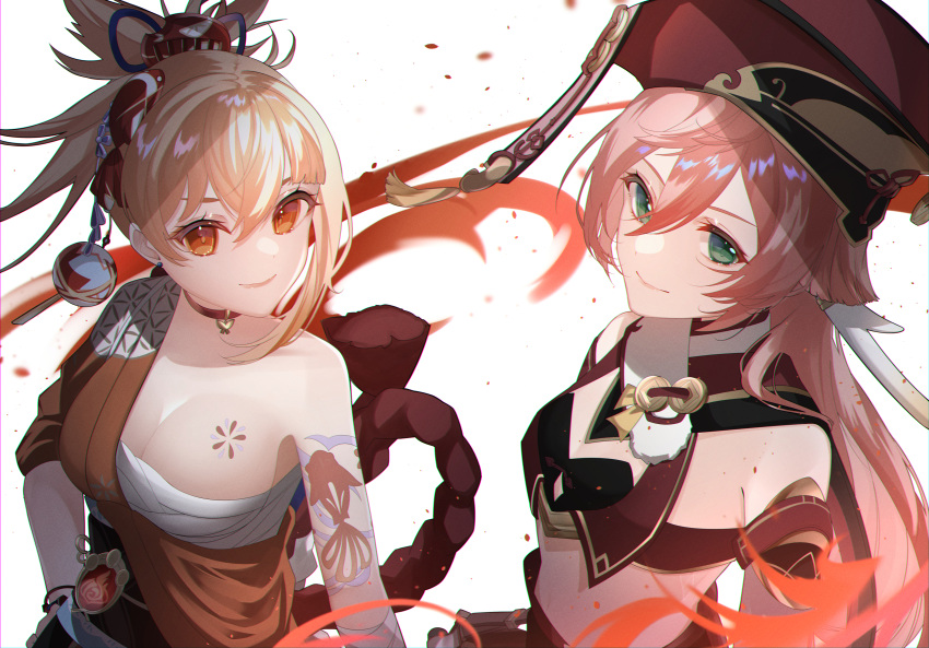 2girls absurdres antlers bandaged_arm bandages bare_shoulders black_bra blonde_hair bra breasts chest_tattoo choker cleavage closed_mouth commentary cowboy_shot crop_top detached_sleeves fish_hair_ornament flower_tattoo from_above genshin_impact green_eyes hadanugi_dousa hair_between_eyes hair_ornament hand_on_own_hip hat highres horns japanese_clothes kimono large_breasts long_hair looking_at_viewer midriff multiple_girls natsuki_yoru obi orange_eyes orange_kimono pink_hair ponytail red_choker red_headwear rope sarashi sash shimenawa shoulder_tattoo sidelocks simple_background skirt small_breasts smile standing tattoo tied_hair underwear vision_(genshin_impact) white_background white_sleeves yanfei_(genshin_impact) yoimiya_(genshin_impact)