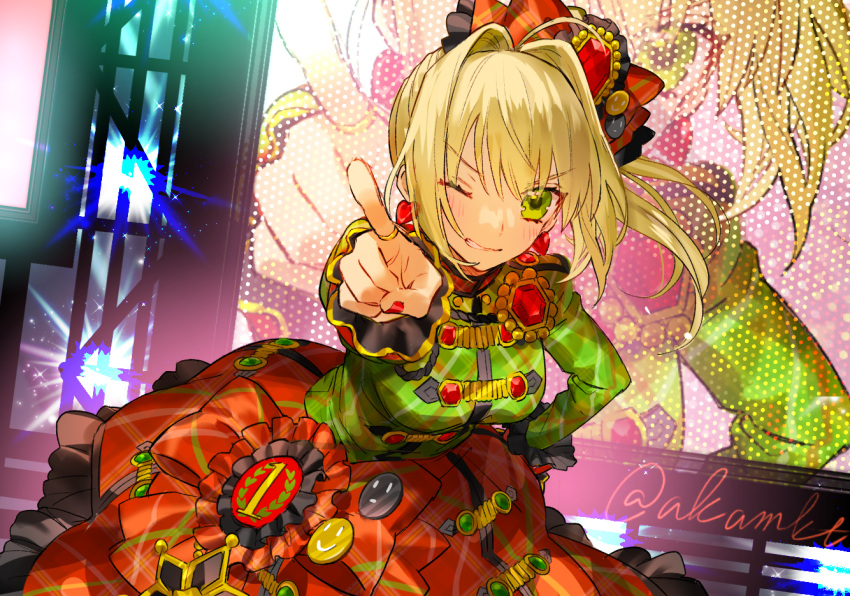 ahoge akamakoto blonde_hair blush braid breasts fate/extra fate/grand_order fate_(series) female french_braid green_eyes green_shirt grin hair_between_eyes hair_bun hair_intakes hair_ornament large_breasts long_hair long_sleeves looking_at_viewer nero_claudius_(fate) nero_claudius_(fate/extra) nero_claudius_(lostroom_outfit)_(fate) official_alternate_costume one_eye_closed orange_skirt pointing pointing_at_viewer shirt side_ponytail single_hair_bun skirt smile solo