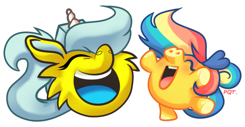 ambiguous_gender blue_hair blue_tail chibi closed_eyes club_penguin duo equid equine feral fur glitterpants hair horn mammal moshi_monsters moshling mrs._snoodle multicolored_hair multicolored_tail open_mouth open_smile orange_body pepperqt puffle rainbow_hair rainbow_tail silly_snuffler smile snout tail toony unicorn unicorn_horn yellow_body yellow_fur