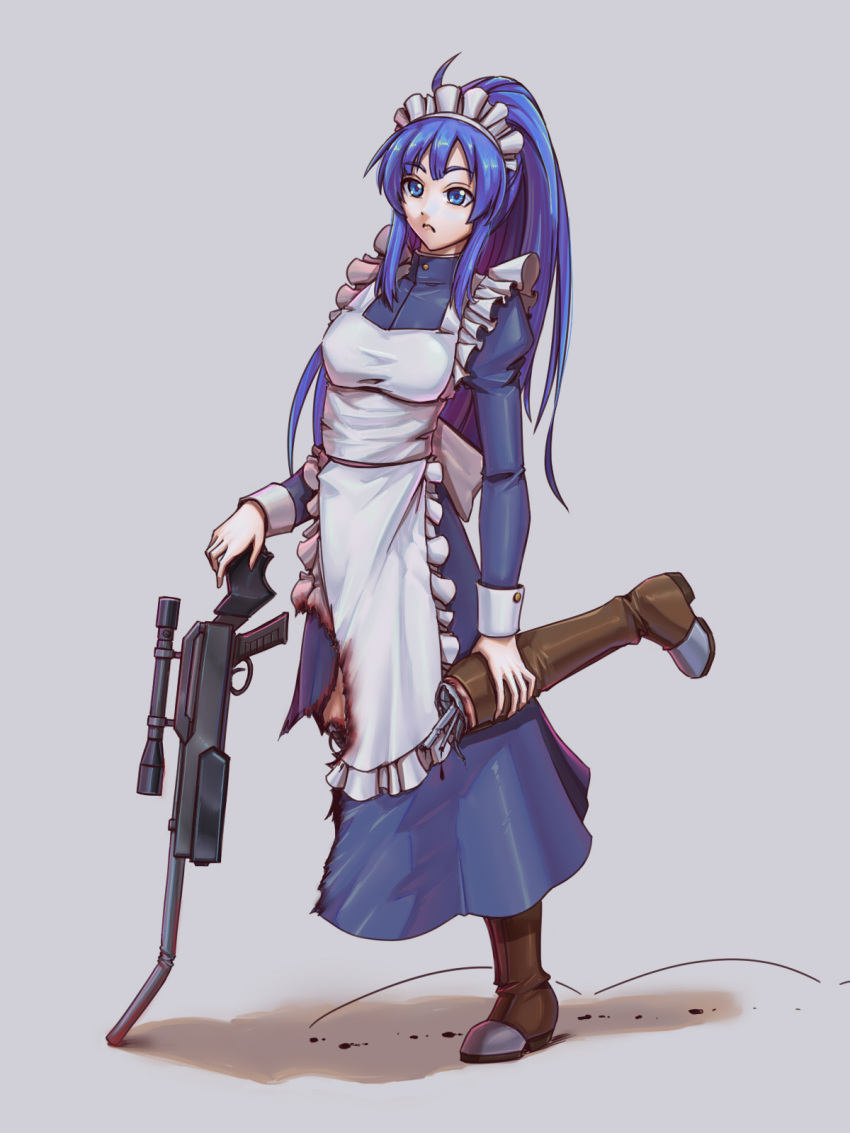 apron bent blue_dress blue_eyes blue_hair boots brown_footwear burnt_clothes damaged dress expressionless female gun highres holding_leg hopping knee_boots leebigtree long_sleeves maid maid_apron maid_headdress mecha_musume mechanical_parts original rifle robot severed_leg severed_limb sniper_rifle solo torn_clothes weapon