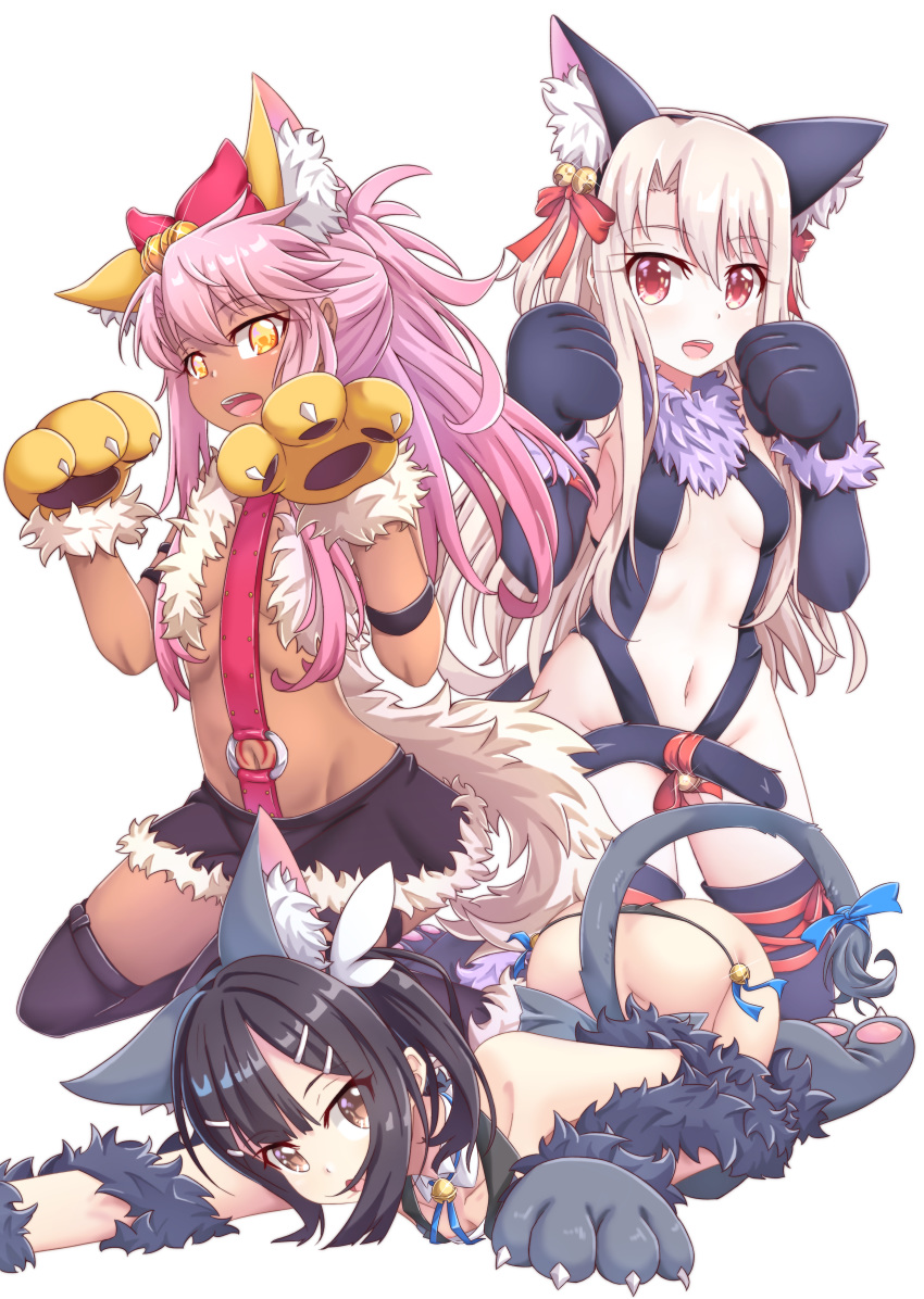 3girls absurdres animal_ears animal_hands bell black_gloves black_hair black_leotard black_panties black_skirt black_tail blonde_hair blue_bow bow breasts cat_ears cat_tail chloe_von_einzbern chloe_von_einzbern_(beast_style) cleavage commentary elbow_gloves fake_animal_ears fate/kaleid_liner_prisma_illya fate_(series) floating_hair fur-trimmed_gloves fur-trimmed_skirt fur_trim gloves grey_gloves grey_tail groin hair_bell hair_between_eyes hair_ornament hairbow highleg highleg_leotard highres illyasviel_von_einzbern illyasviel_von_einzbern_(beast_style) leotard long_hair looking_at_viewer midriff miniskirt miyu_edelfelt miyu_edelfelt_(beast_style) multiple_girls navel official_alternate_costume panties paw_gloves paw_shoes pink_hair purple_legwear red_bow red_ribbon revealing_clothes ribbon side-tie_panties skirt small_breasts stomach tail tail_bow tail_ornament thighhighs underwear very_long_hair white_tail yellow_eyes yellow_gloves zongren