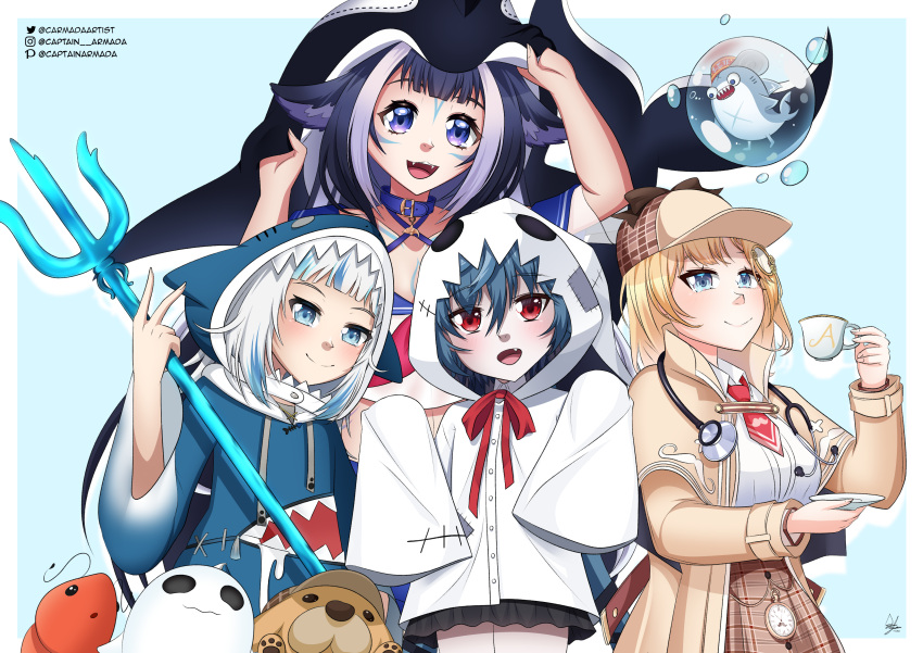 4girls absurdres animal_ears animal_hands animal_hood bikini bikini_under_clothes black_hair black_skirt blonde_hair bloop_(gawr_gura) blue_bikini blue_collar blue_eyes blue_hair blush body_markings brown_headwear brown_jacket brown_skirt bubba_(watson_amelia) captainarmada cloak collar commentary crossover cup ebi-chan_(gawr_gura) english_commentary fangs gawr_gura gawr_gura_(1st_costume) ghost_costume hair_ornament halterneck highres holding holding_cup holding_trident hololive hololive_english hood idol_corp indie_virtual_youtuber jacket looking_at_viewer magnifying_glass multicolored_hair multiple_girls open_mouth orca_girl orca_hood polearm purple_eyes see-through see-through_shirt shark_girl shark_hood shirt shylily shylily_(1st_costume) skirt streaked_hair swimsuit teacup trident virtual_youtuber watson_amelia watson_amelia_(1st_costume) weapon white_cloak white_hair white_shirt yuko_yurei