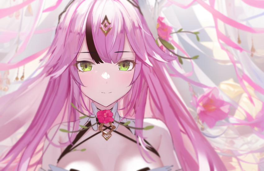 bare_shoulders blurry breasts closed_mouth collar depth_of_field do2mi_doreimi female flower green_eyes hair_ornament lan_(tower_of_fantasy) large_breasts long_hair looking_at_viewer multicolored_hair pink_flower pink_hair sleeveless smile solo streaked_hair tower_of_fantasy upper_body