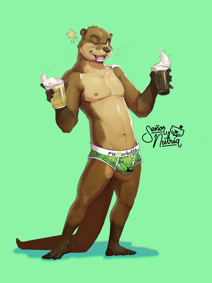 alcohol anthro beer beverage black_nose brown_body brown_eyes brown_fur bulge clothed clothing fur furry-specific_brand green_background hi_res looking_at_viewer male mammal mike_(rudderbutts) mustelid navel nipples one_eye_closed otter river_otter rudderbutts senor_nutria simple_background smile solo tail teeth text text_on_clothing underwear whiskers