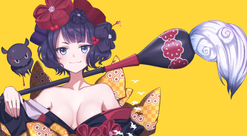 bare_shoulders blue_eyes breasts calligraphy_brush cleavage closed_mouth collarbone fate/grand_order fate_(series) female hair_ornament highres japanese_clothes katsushika_hokusai_(fate) kimono medium_breasts off_shoulder over_shoulder paintbrush purple_hair short_hair simple_background smile solo tokitarou_(fate) upper_body vivid_(key) yellow_background