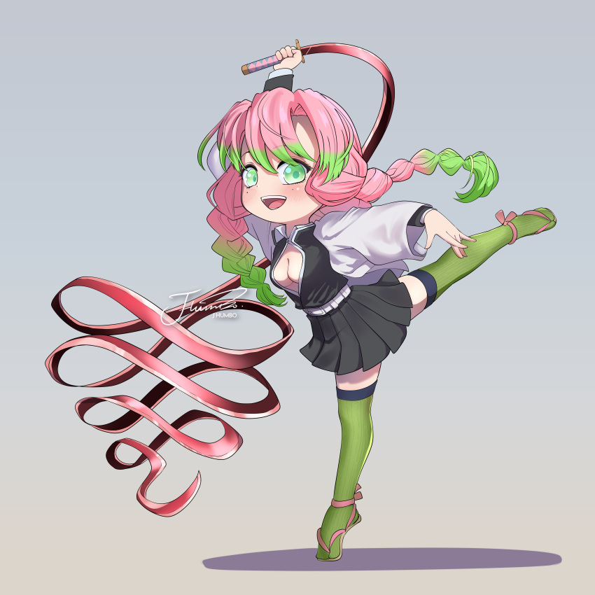 :d absurdres artist_name belt braid breasts cleavage demon_slayer_uniform female gradient_hair green_eyes green_hair green_thighhighs haori highres holding holding_sword holding_weapon j_humbo japanese_clothes kanroji_mitsuri kimetsu_no_yaiba leg_up long_hair looking_at_viewer medium_breasts mole mole_under_each_eye mole_under_eye multicolored_hair multiple_braids multiple_moles open_mouth partially_unbuttoned pink_hair signature smile solo standing standing_on_one_leg sword thighhighs tiptoes tri_braids weapon whip_sword white_belt