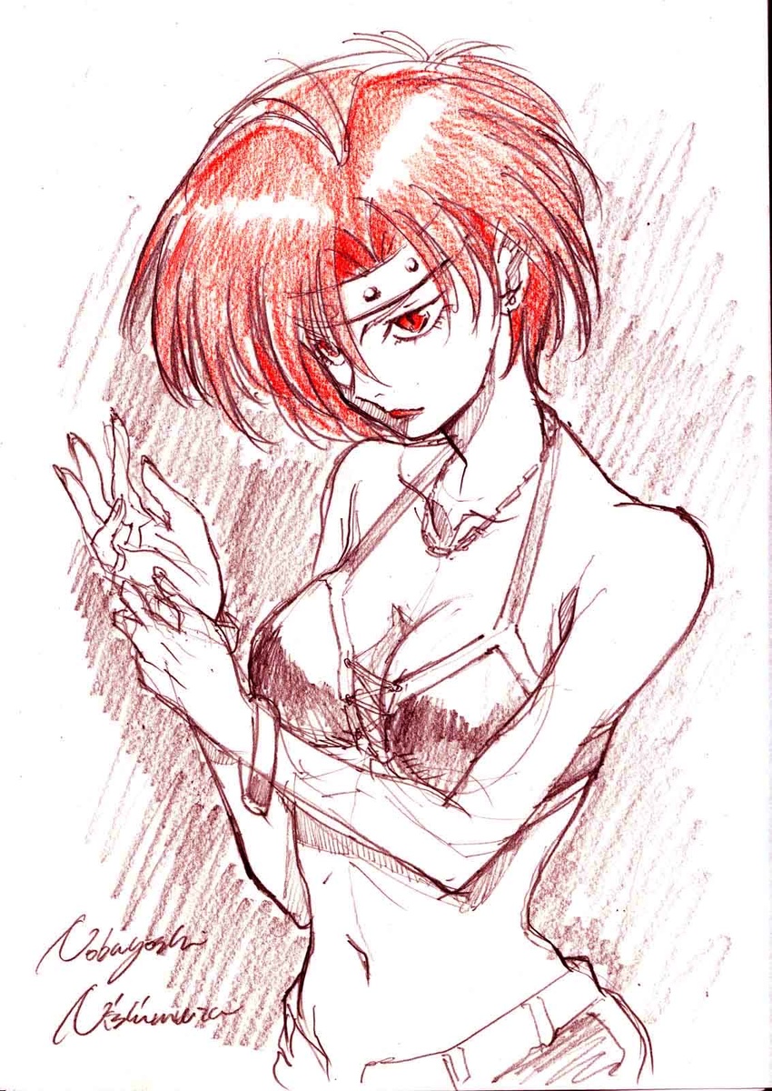 after_war_gundam_x artist_name bikini bikini_top_only bracelet collarbone colored_pencil_(medium) ennil_el female gundam halterneck headband highres jewelry navel necklace nishimura_nobuyoshi open_clothes open_hand open_shorts red_eyes red_hair short_hair shorts solo spot_color stomach swimsuit traditional_media white_background