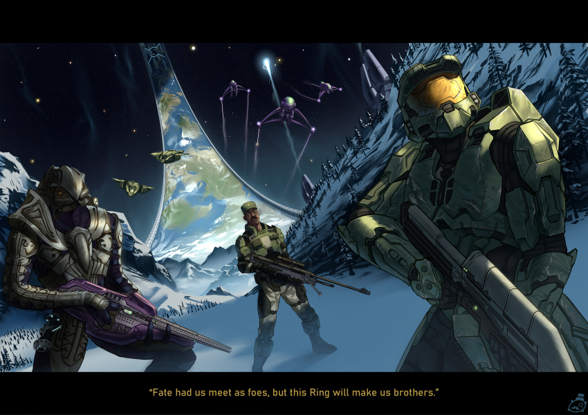 3boys absurdres aircraft alien anti-materiel_rifle arbiter armor assault_rifle assault_visor bad_id bad_pixiv_id banshee_(halo) battle brown_eyes bullpup commentary covenant_carbine dark-skinned_male dark_skin english_commentary english_text green_headwear gun halo_(series) halo_2 highres holding holding_gun holding_weapon letterboxed ma5 male_focus master_chief mcc-cookie multiple_boys pelican_(halo) power_armor rifle ringworld sangheili science_fiction sergeant_johnson sniper_rifle snow space spartan_(halo) srs99 subtitled thel'vadam tree weapon yellow_visor