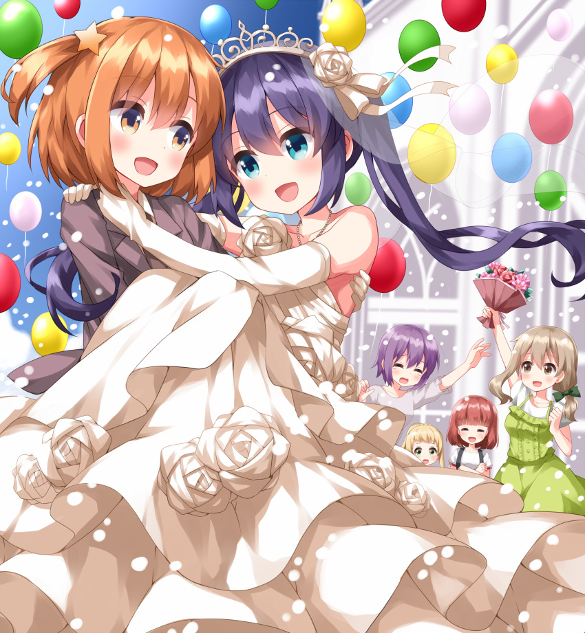 6+girls :d ^_^ aqua_eyes balloon bare_shoulders blonde_hair blue_hair blue_sky bouquet bridal_veil bride brown_hair carrying closed_eyes commentary_request day diadem dress elbow_gloves endou_yuki formal gloves hair_between_eyes happy highres holding holding_bouquet inose_mai jewelry koisuru_asteroid konohata_mira light_brown_hair manaka_ao morino_mari multiple_girls necklace one_side_up open_mouth orange_eyes orange_hair outdoors princess_carry purple_hair ruu_(tksymkw) sakurai_mikage short_hair sky smile suit twintails veil wedding wedding_dress white_dress white_gloves wife_and_wife yuri