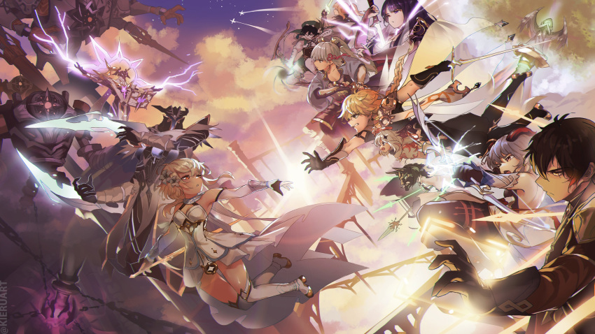 4boys 6+girls absurdres abyss_herald_(genshin_impact) aether_(genshin_impact) amos'_bow_(genshin_impact) black_gloves black_hair blonde_hair blue_hair book boots bow_(weapon) braid breasts chains clenched_teeth closed_mouth cloud commentary detached_sleeves drawing_sword dress earrings electricity english_commentary ganyu_(genshin_impact) genshin_impact gloves gradient_hair grey_hair hair_ornament hair_ribbon halo highres holding holding_sword holding_weapon horns human_scabbard jean_(genshin_impact) jewelry kamisato_ayaka kieruart long_hair lumine_(genshin_impact) mask multicolored_hair multiple_boys multiple_girls musou_isshin_(genshin_impact) open_mouth paimon_(genshin_impact) parted_lips polearm ponytail primordial_jade_winged-spear_(genshin_impact) purple_hair raiden_shogun ribbon ruin_guard_(genshin_impact) short_hair_with_long_locks single_braid single_earring sky spear star_(sky) sword teeth thigh_boots thighhighs twitter_username venti_(genshin_impact) weapon white_dress white_footwear white_hair xiao_(genshin_impact) zhongli_(genshin_impact)