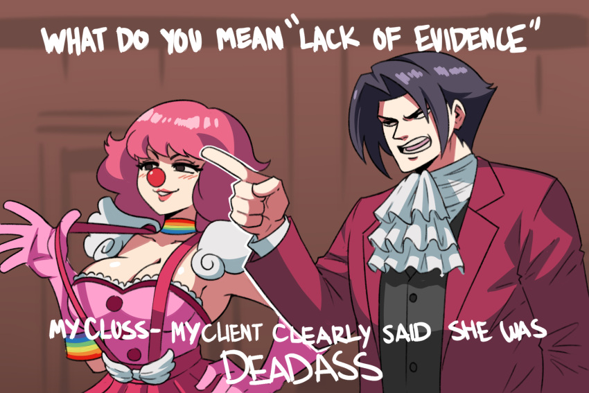 1boy alternate_breast_size ascot blush breasts buttons cleavage clown clown_nose clussy_(phrase) deadass_(meme) english_text female formal geiru_toneido gloves gyakuten_saiban highres jacket long_sleeves meme miles_edgeworth open_mouth phoenix_wright:_ace_attorney_-_spirit_of_justice pink_gloves pink_hair pointing rainbow_choker rainbow_print red_jacket red_skirt shoulder_pads skirt smile suit suspenders tina_fate upper_body wing-shaped_bow