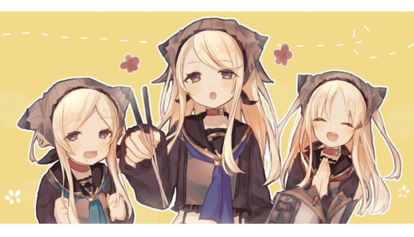 3girls ^_^ blonde_hair blue_little_pig_(sinoalice) blush choker chopsticks closed_eyes green_little_pig_(sinoalice) happy hat highres holding holding_chopsticks long_hair looking_at_viewer merry-san multiple_girls open_mouth own_hands_together purple_eyes red_little_pig_(sinoalice) saliva siblings sidelocks sinoalice sisters teeth twintails yellow_background