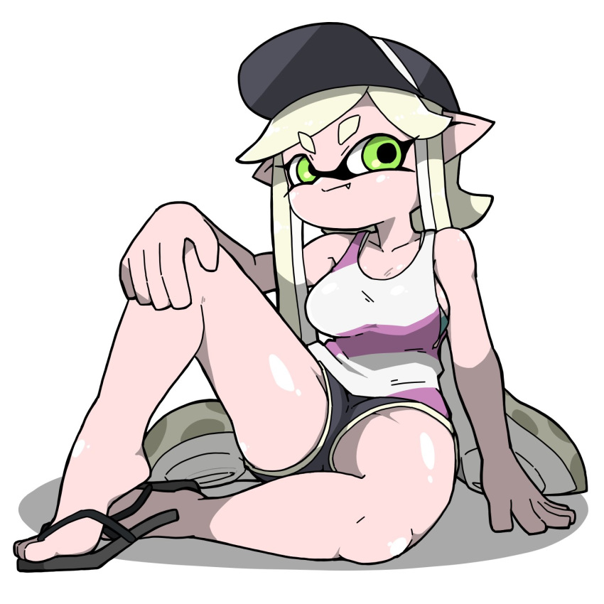 1girls cap flip_flops green_eyes inkling inkling_girl legs_spread nintendo omoitukan2 short_shorts sitting splatoon splatoon_2 tank_top tentacle_hair white_hair