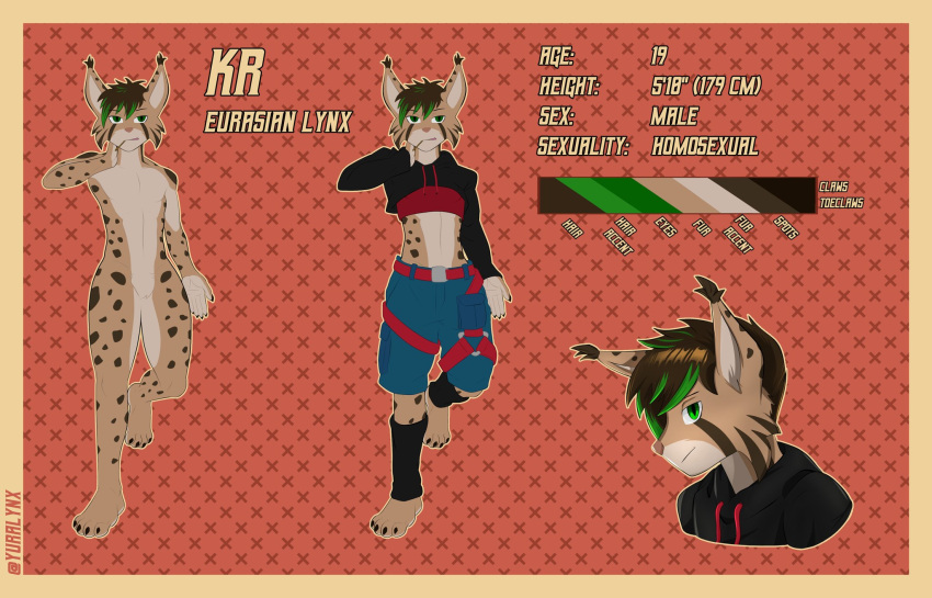 anthro belly black_hair clothed clothing description ears_up eurasian_lynx felid feline green_eyes green_hair hair hi_res kr_the_lynx looking_at_viewer lynx male mammal model_sheet nails nude nude_anthro solo text yuka_koshka