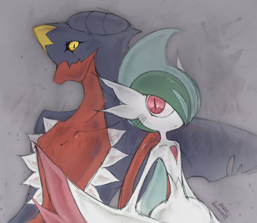 2024 anthro black_sclera blue_body blue_scales collarbone colored deinovolt digital_drawing_(artwork) digital_media_(artwork) duo english_description fin gallade garchomp generation_4_pokemon generation_6_pokemon green_body grey_background hi_res looking_at_viewer male mega_evolution mega_gallade mega_garchomp multicolored_body multicolored_scales neutral_expression nintendo pokemon pokemon_(species) pupils red_body red_eyes red_scales red_spikes scales side_by_side signature simple_background slit_pupils smile spikes spikes_(anatomy) standing white_body white_spikes yellow_body yellow_eyes yellow_scales