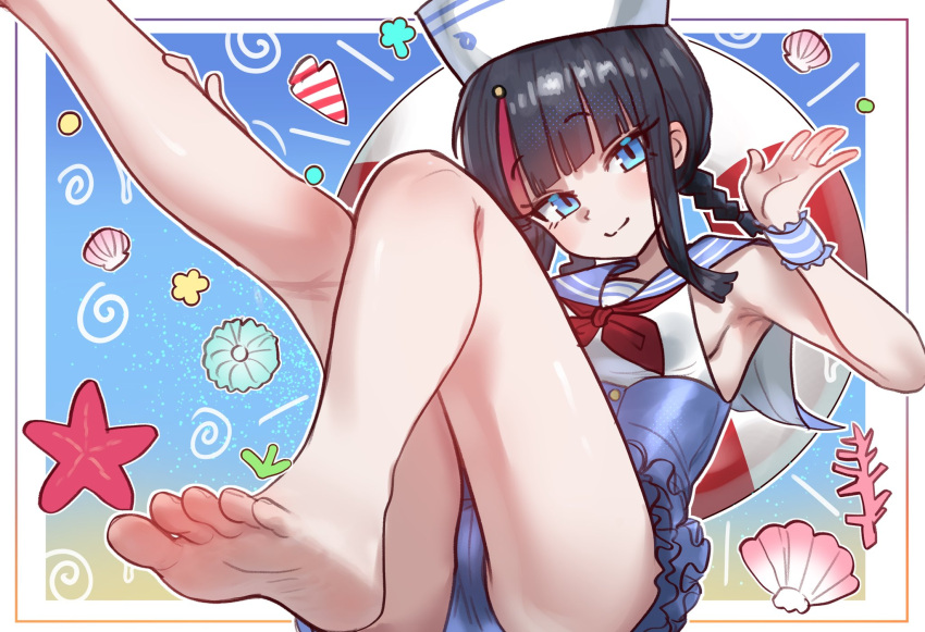 bare_legs barefoot black_hair blue_eyes blue_one-piece_swimsuit blue_sailor_collar braid closed_mouth ebora english_commentary feet female hat highres low_twin_braids medium_hair multicolored_hair one-piece_swimsuit pink_hair sailor_collar sailor_hat seashell shell smile solo starfish streaked_hair swimsuit twin_braids two-tone_swimsuit utsumi_erice utsumi_erice_(swimsuit_avenger) utsumi_erice_(swimsuit_avenger)_(second_ascension) white_one-piece_swimsuit