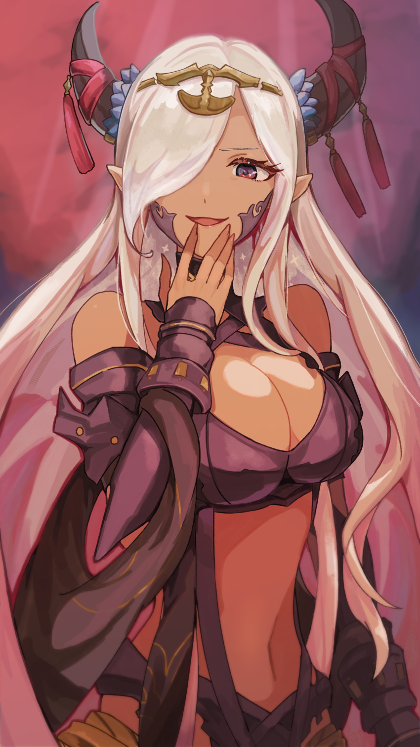 absurdres asymmetrical_horns bare_shoulders breasts cleavage dark_skin dragon_girl female fire_emblem fire_emblem_engage hair_ornament hair_over_one_eye highres horns large_breasts long_hair looking_at_viewer mature_female netugen33 open_mouth pointy_ears purple_eyes purple_ribbon revealing_clothes ribbon smile solo tan tassel tassel_hair_ornament uneven_horns very_long_hair zephia_(fire_emblem)