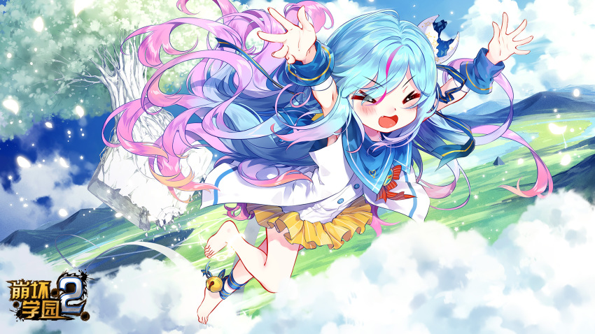 ankle_bell barefoot bell benghuai_xueyuan blue_eyes character_request closed_eyes cloud copyright_name female floating flying full_body gradient_hair highres honkai_(series) jacket logo long_hair mountain multicolored_hair official_art open_mouth pink_hair scenery second-party_source shirt skirt solo tree white_jacket white_shirt yellow_skirt