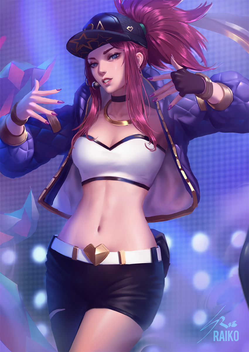 akali cap choker crop_top eyelashes eyeshadow female female_focus female_only hat k/da_akali k/da_series league_of_legends light-skinned_female light_skin mascara midriff ponytail purple_hair raikoart short_hair shorts slim solo solo_female solo_focus strapless strapless_top strapless_topwear tubetop