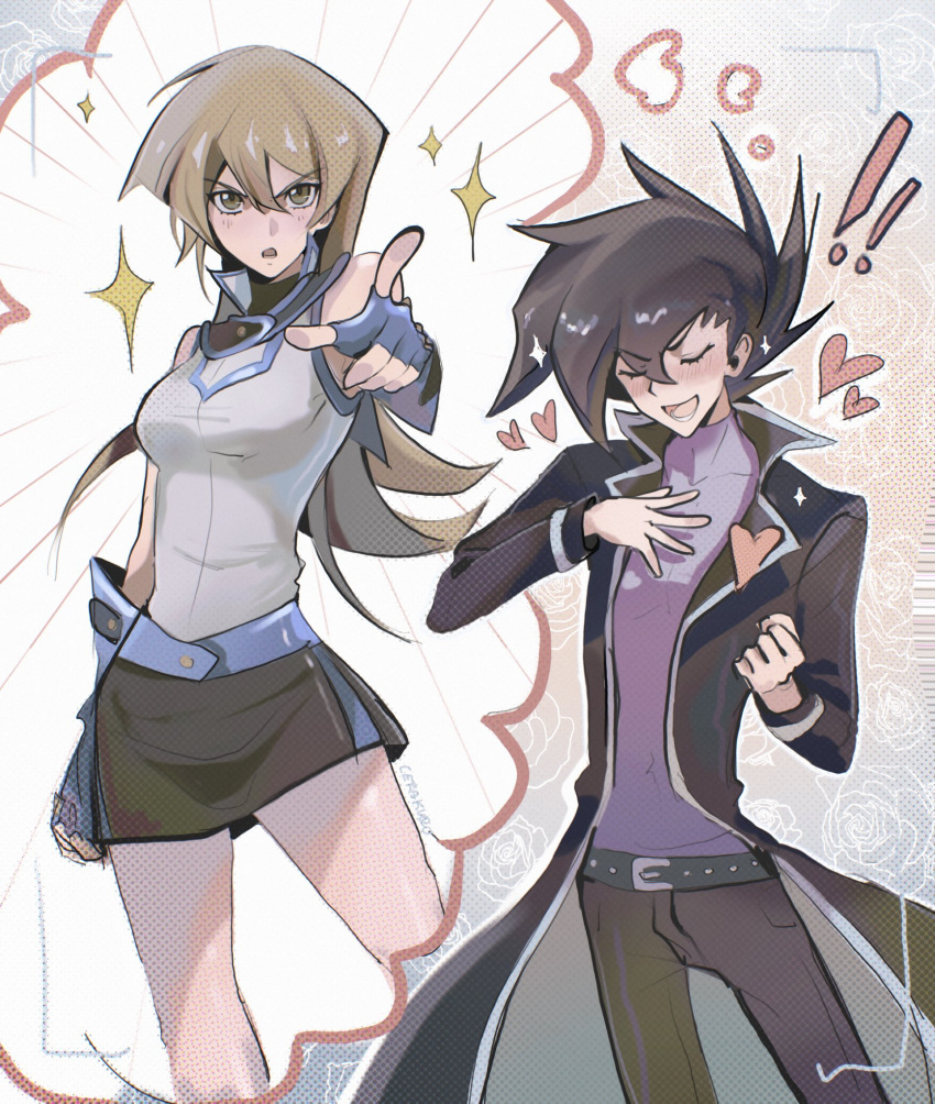 1boy bare_shoulders black_coat black_hair black_skirt blue_gloves breasts brown_eyes brown_hair cerakuro closed_eyes coat duel_academy_uniform_(yu-gi-oh!_gx) female fingerless_gloves gloves heart highres long_hair manjoume_jun medium_breasts medium_hair miniskirt pointing pointing_at_viewer purple_shirt shirt skirt sleeveless sleeveless_jacket sparkle spiked_hair tenjouin_asuka thought_bubble yu-gi-oh! yu-gi-oh!_gx