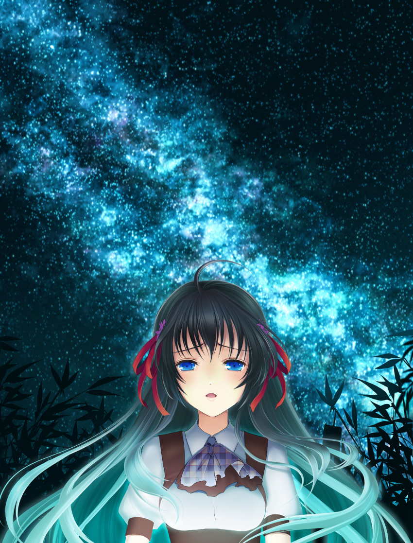 ahoge bad_id bad_pixiv_id bamboo black_hair blue_eyes blue_hair female flower glowing gradient_hair hair_flower hair_ornament hair_ribbon highres long_hair looking_at_viewer multicolored_hair night open_mouth original ouka_mai outdoors plaid red_ribbon ribbon short_sleeves silhouette sky solo star_(sky) starry_sky tanabata