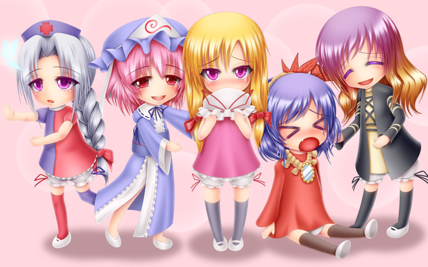 >_< 5girls aged_down bad_id bad_pixiv_id blonde_hair closed_eyes grey_hair harumi_(harumix) hat hijiri_byakuren japanese_clothes multiple_girls nurse_cap photoshop_(medium) purple_eyes red_eyes saigyouji_yuyuko thighhighs touhou yagokoro_eirin yakumo_yukari yakumo_yukari_(young) yasaka_kanako