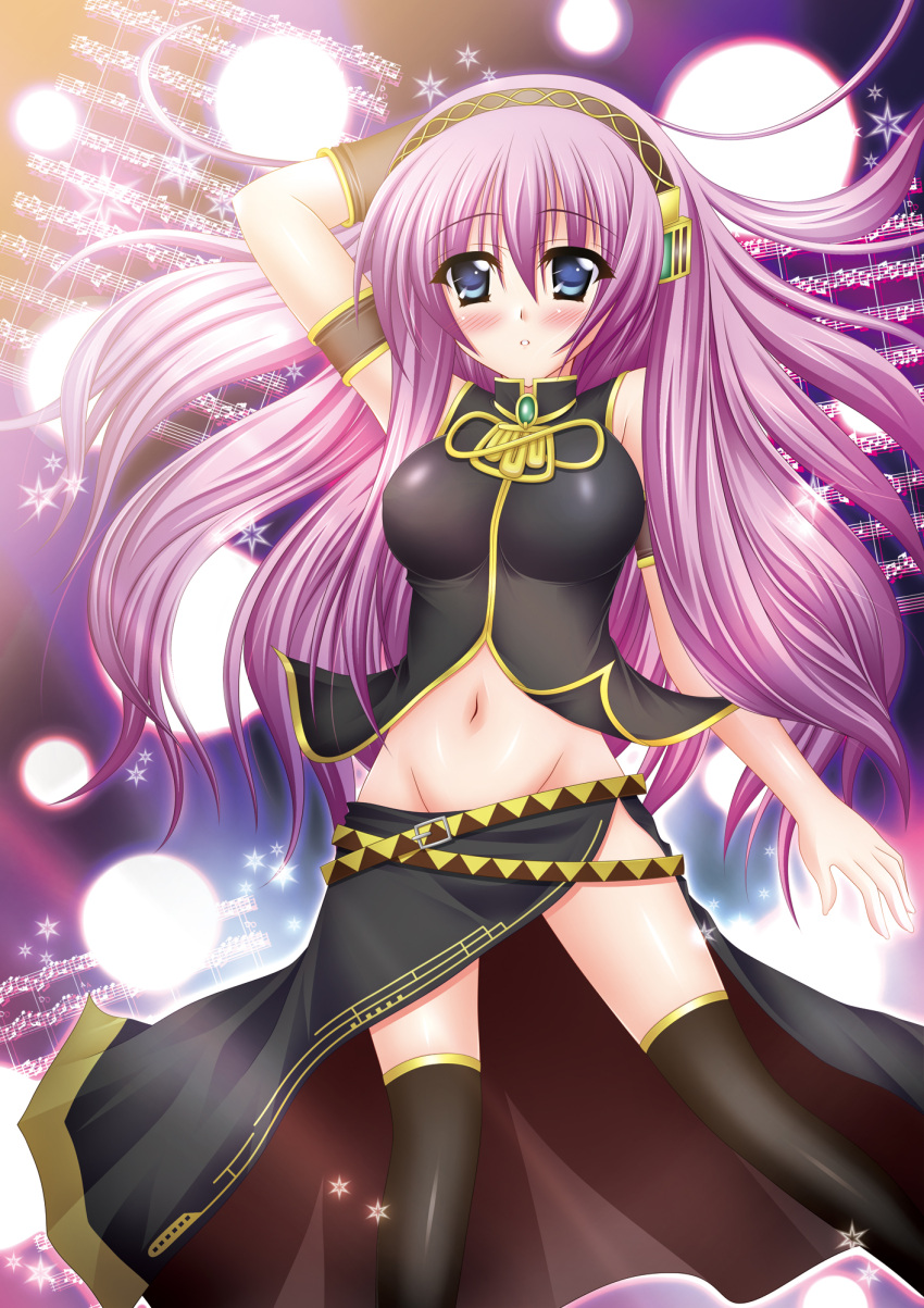 blue_eyes blush commentary_request female fukunaga_yukito headphones highres long_hair megurine_luka navel open_mouth pink_hair side_slit skirt solo thighhighs vocaloid