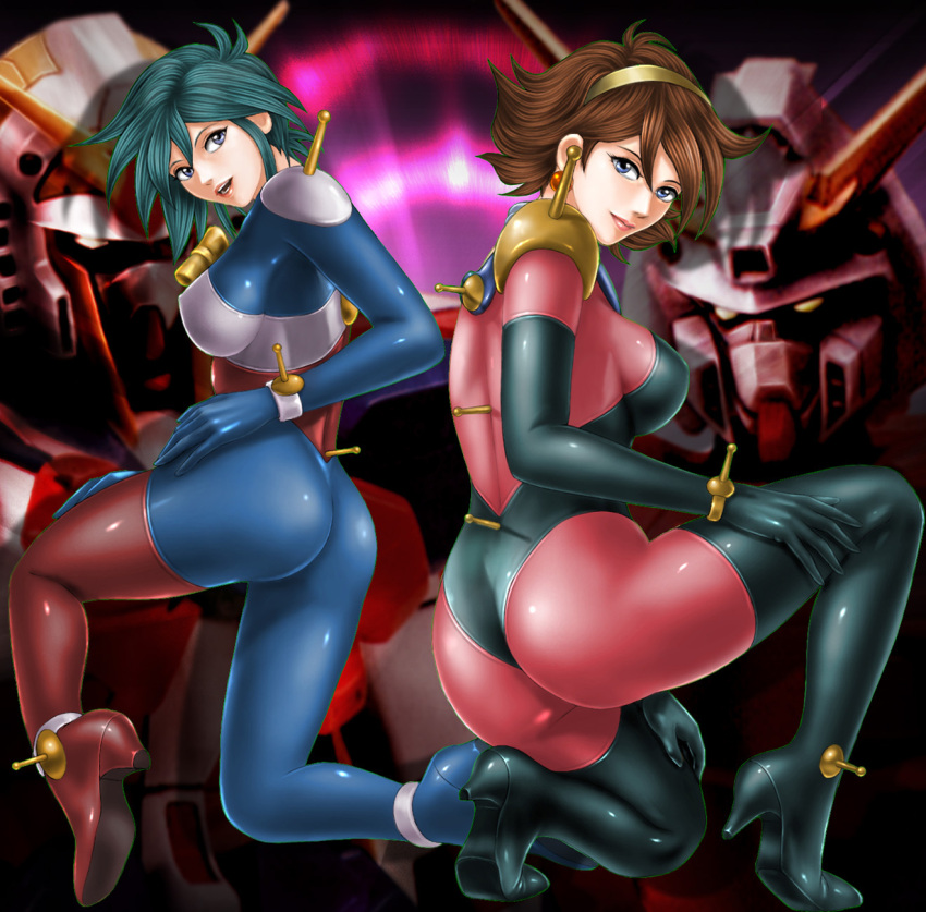 2girls allenby_beardsley ass blue_bodysuit blue_eyes blue_hair bodysuit brown_hair commentary_request earrings g_gundam gundam highres jewelry mecha mobile_trace_suit multicolored_bodysuit multicolored_clothes multiple_girls nobel_gundam photoshop_(medium) pink_bodysuit rain_mikamura red_bodysuit rising_gundam robot short_hair toten_(der_fuhrer)