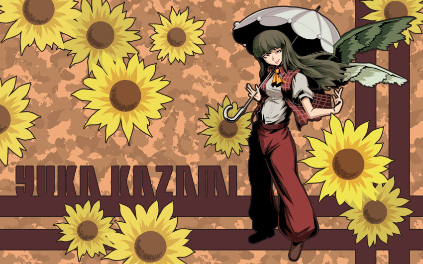 character_name commentary_request female flower green_hair hetza_(hellshock) highres kazami_yuuka kazami_yuuka_(pc-98) kioh_gyoku long_hair pants plaid plaid_vest red_eyes ribbon seihou short_sleeves solo sunflower tongue touhou touhou_(pc-98) umbrella vest wings