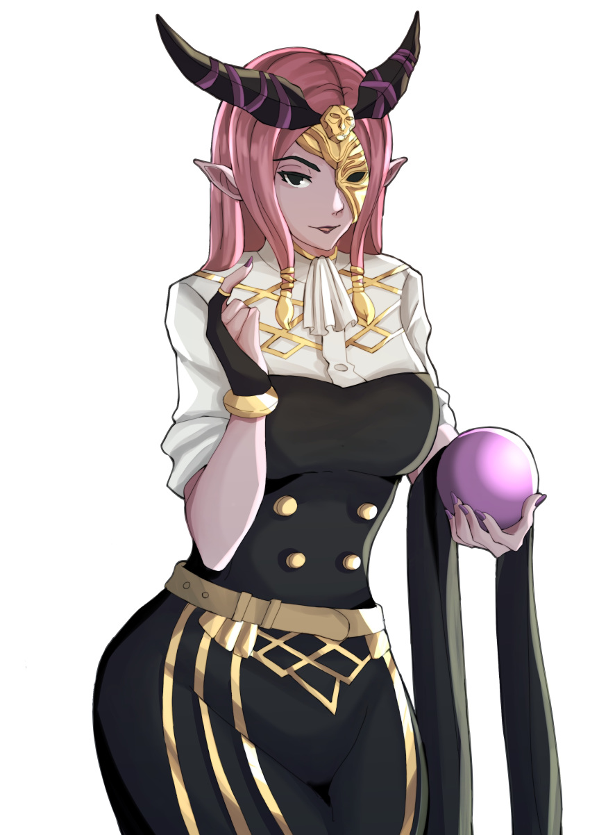 breasts cosplay crystal_ball dark_skin farm_up female fingerless_gloves fire_emblem fire_emblem:_three_houses fire_emblem_echoes:_shadows_of_valentia fire_emblem_gaiden garreg_mach_monastery_uniform gloves hand_gesture hilda_valentine_goneril_(cosplay) horns lipstick looking_at_viewer makeup mask_over_one_eye nail_polish nintendo nuibaba pointy_ears purple_hair villager_c white_background wide_hips