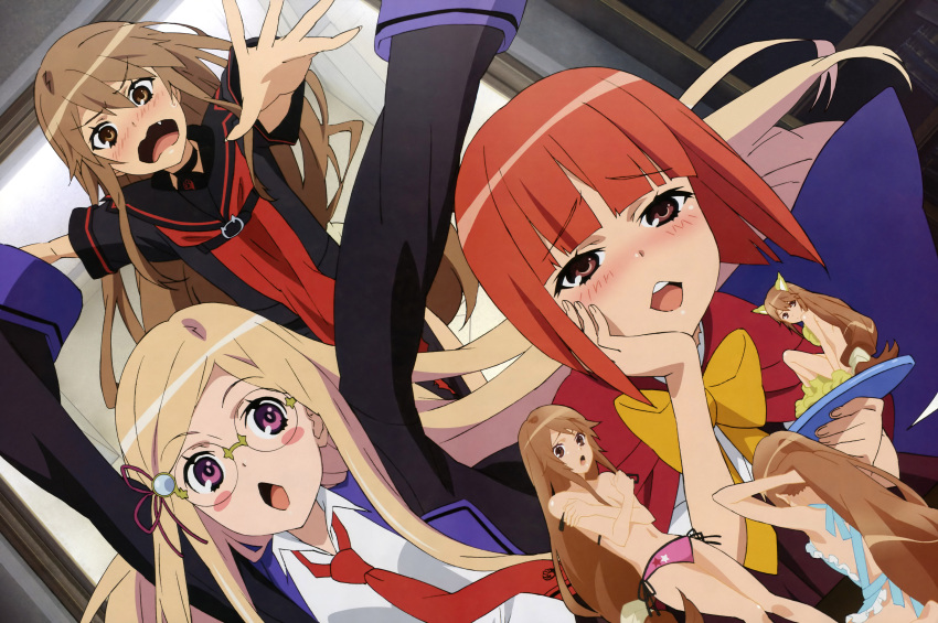 3girls absurdres akai_ringo_(ookami-san) animal_ears apron bikini bikini_bottom_only blonde_hair blush blush_stickers bow breast_hold breasts brown_eyes brown_hair covering_breasts covering_privates detexted figure flat_chest glasses hand_on_own_cheek hand_on_own_face highres imageboard_desourced kobayashi_emiko long_hair majolica_le_fay multiple_girls naked_apron navel necktie no_headwear non-web_source oerba_yun_fang ookami-san ookami_ryouko open_mouth photoshop_(medium) purple_eyes red_hair short_hair side-tie_bikini_bottom swimsuit third-party_edit very_long_hair wavy_mouth