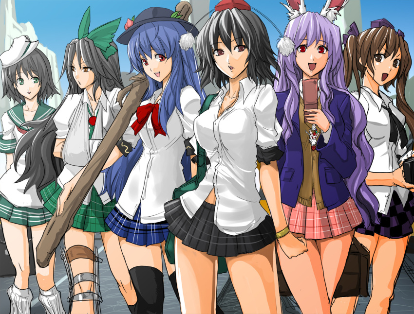 6+girls alternate_costume animal_ears bad_id bad_pixiv_id camera cellphone contemporary erugiza everyone green_skirt hair_ribbon hat himekaidou_hatate hinanawi_tenshi ikkitousen injury loose_socks multiple_girls murasa_minamitsu parody phone photoshop_(medium) rabbit_ears reisen_udongein_inaba reiuji_utsuho ribbon school_uniform shameimaru_aya skirt socks thighhighs tokin_hat touhou