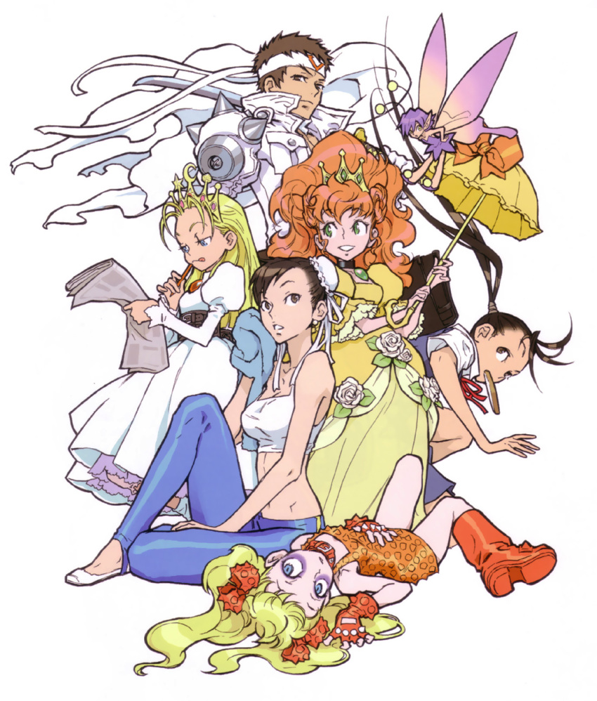 1boy 6+girls boots bow bread bread_slice capcom character_request chun-li clothes_writing company_connection crossover crown cyberbots devilot_de_deathsatan_ix dress effie_(street_fighter) fairy fingerless_gloves food gaia_master gloves headband highres ibuki_(street_fighter) lying multiple_girls newspaper nishimura_kinu official_art parasol photoshop_(medium) princess_tiara saotome_jin simple_background sitting street_fighter toast tongue towel twintails umbrella wings