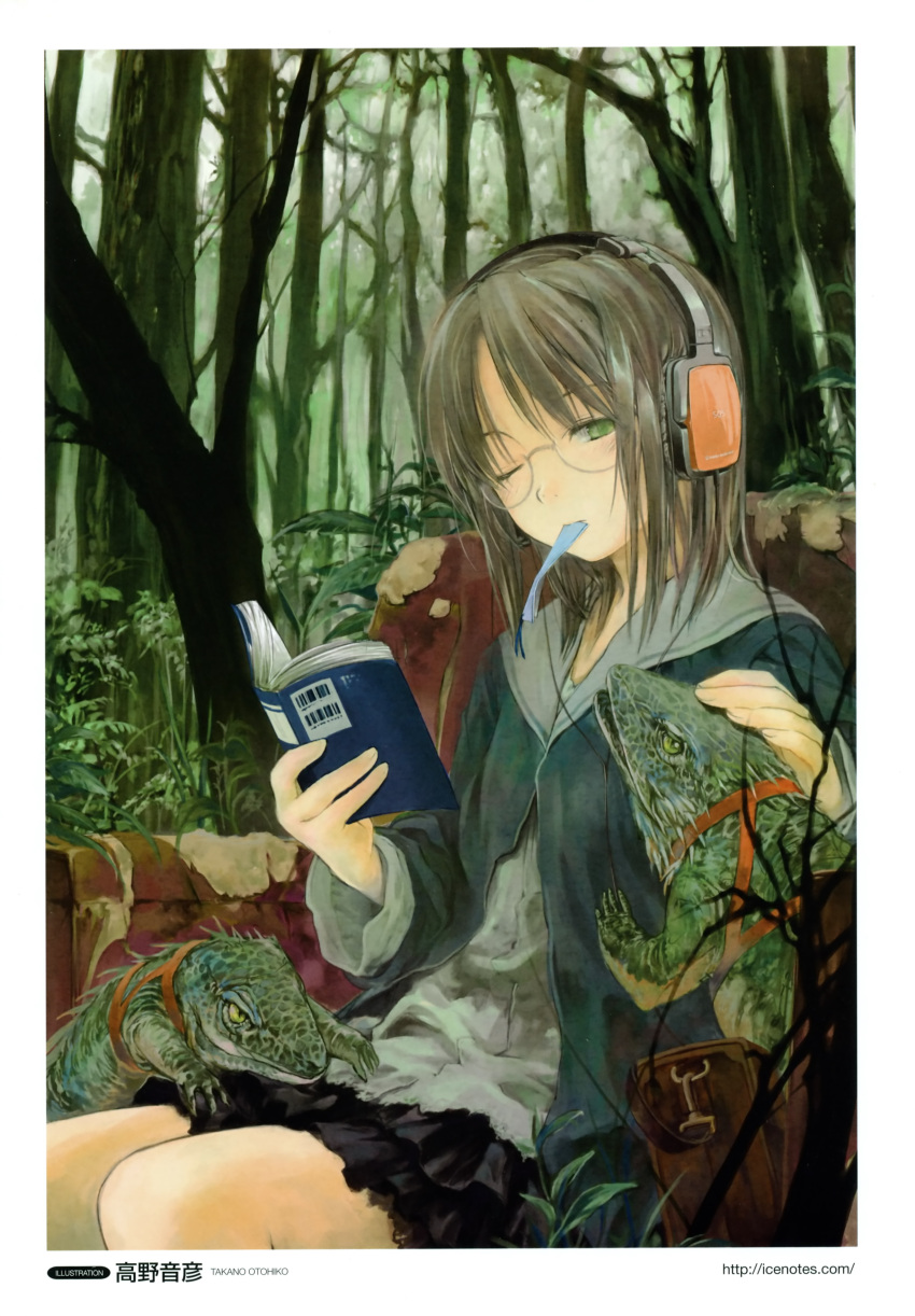 absurdres audio-technica book brown_hair female forest glasses green_eyes headpat headphones highres lizard mouth_hold nature one_eye_closed original reading solo takano_otohiko