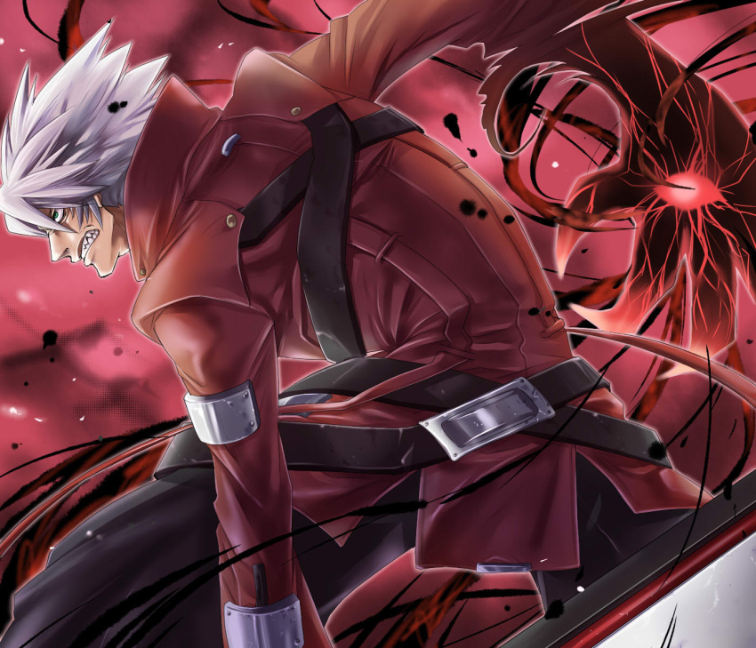 1boy angry black_hakama blazblue commentary_request devoured_by_darkness hakama hakama_skirt heterochromia highres japanese_clothes kaneaki_mukku male_focus manly ragna_the_bloodedge skirt solo white_hair