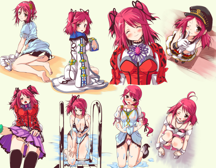 adjusting_clothes adjusting_swimsuit ahoge alternate_costume asbel_lhant asbel_lhant_(cosplay) bad_id bad_pixiv_id barefoot blush brown_eyes casual_one-piece_swimsuit cheria_barnes cheria_barnes_(innocent_maiden) cheria_barnes_(seaside_angel) cosplay costume_chart cross cross_necklace feet female gloves hairband haru_(arser_doil) hat jewelry multiple_views necklace official_alternate_costume one-piece_swimsuit one_eye_closed panties pink_hair purple_skirt skirt swimsuit tales_of_(series) tales_of_graces thighhighs two_side_up underwear upskirt wet white_background