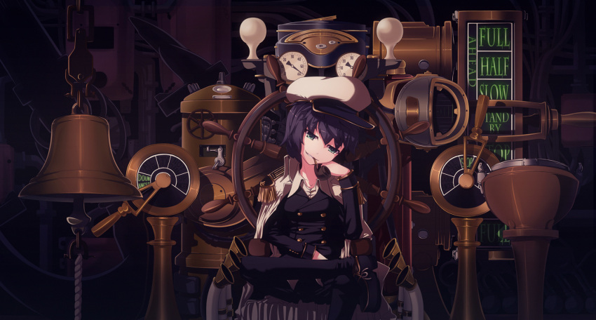 alternate_costume black_hair commentary_request english_text engrish_text female green_eyes machine military military_uniform murasa_minamitsu ranguage sailor short_hair sitting smoking_pipe solo tama_(speedgrapher) touhou uniform