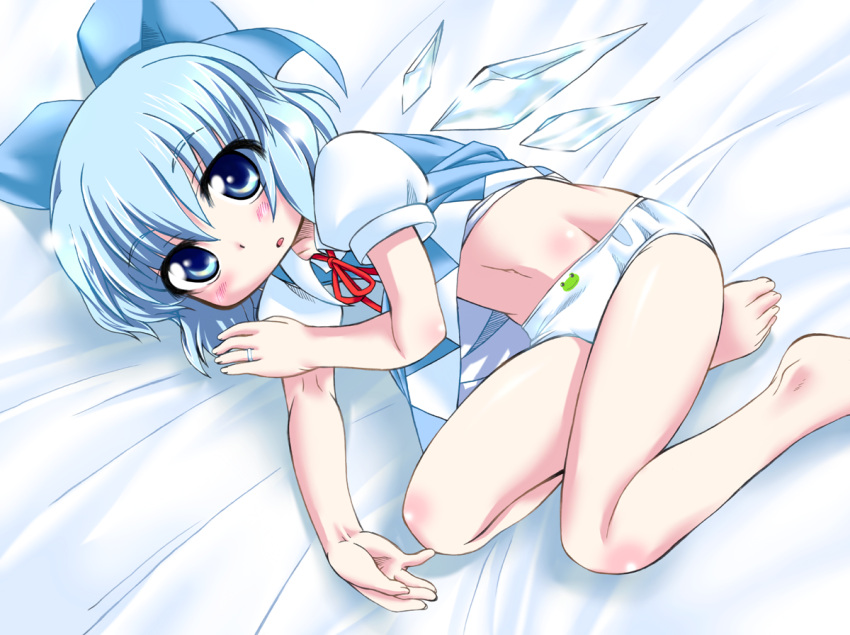 barefoot blue_eyes blue_hair bow cirno commentary_request female hairbow jewelry marusuke panties ring short_hair solo touhou underwear wings