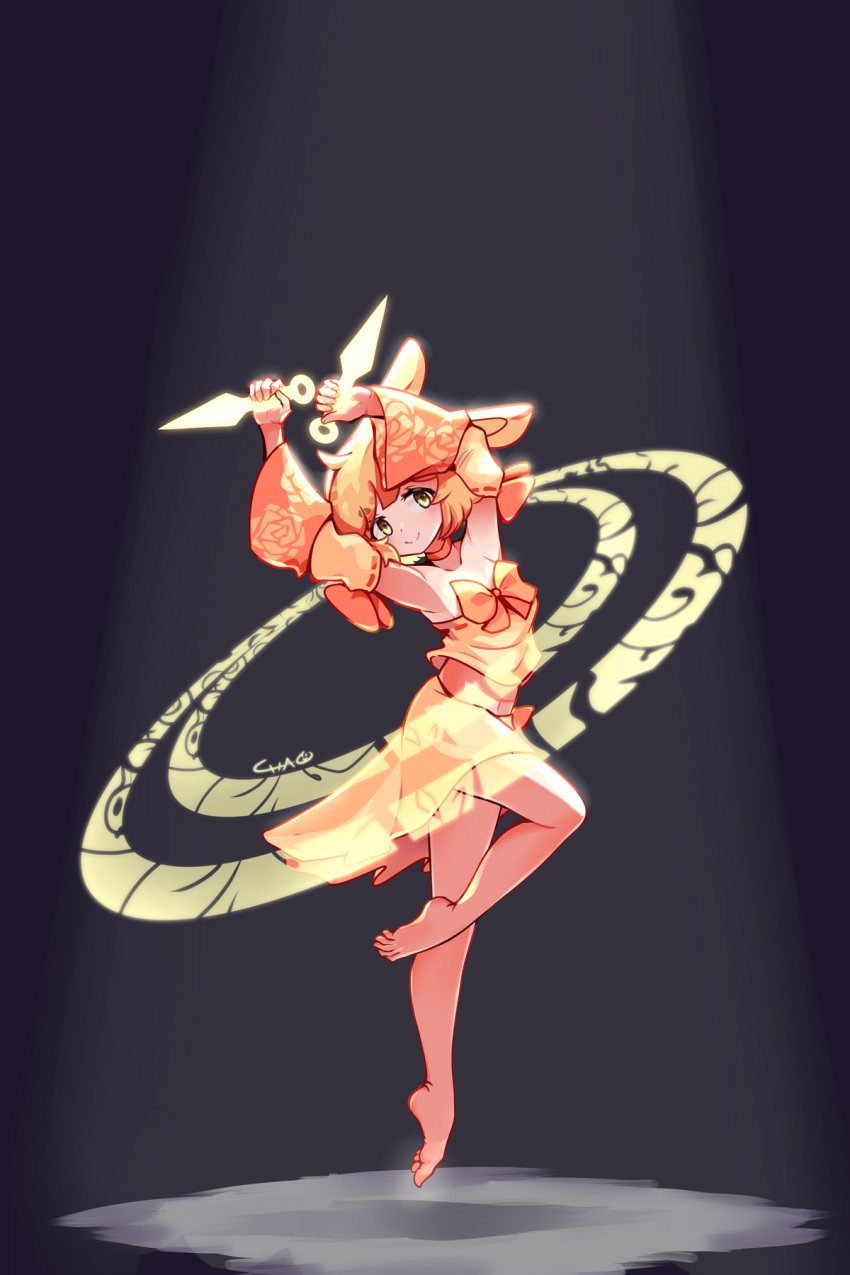 animal_ears arms_up barefoot blonde_hair bow chaoschao closed_mouth commentary dancer_rabbit detached_sleeves dual_wielding english_commentary female flat_chest full_body highres holding kunai looking_at_viewer magic_circle medium_bangs midriff navel orange_bow orange_sleeves purple_background rabbit_and_steel rabbit_ears rabbit_girl ribbon-trimmed_tube_top short_hair skirt smile solo spotlight strapless tube_top weapon yellow_eyes yellow_skirt yellow_tube_top