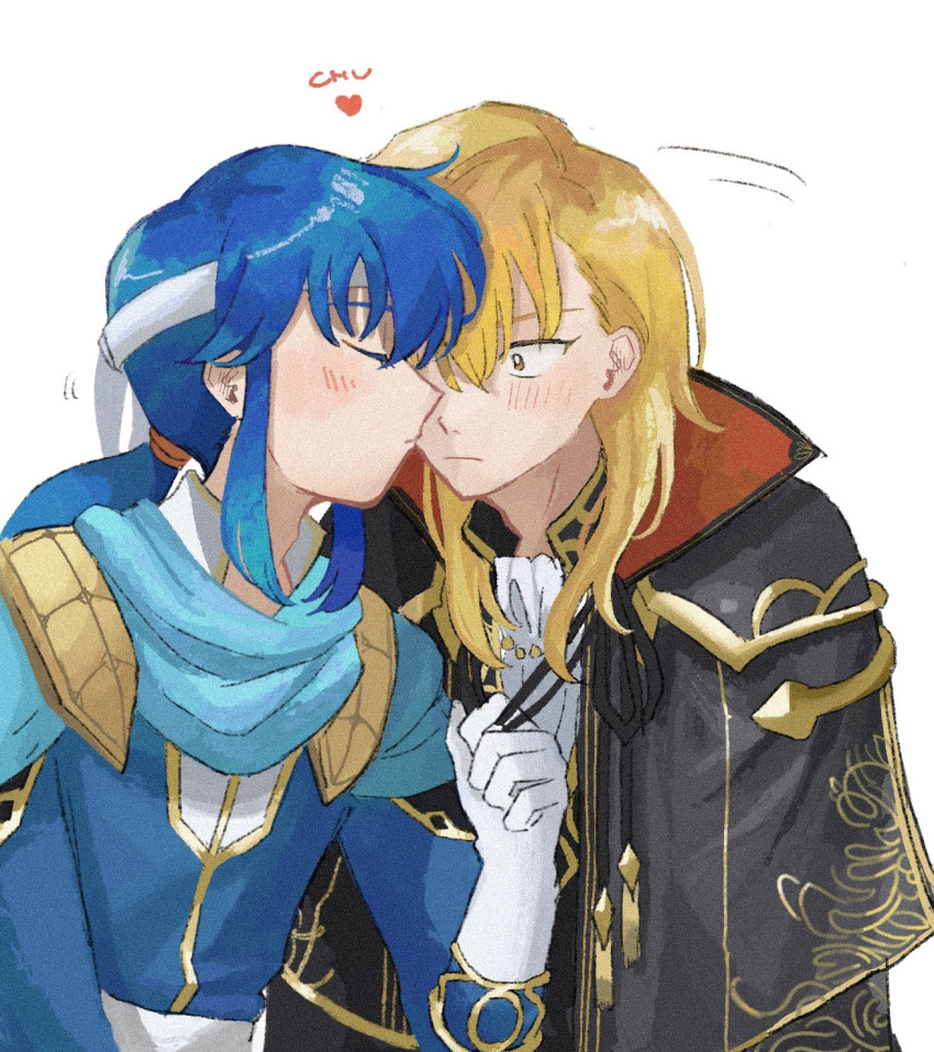 2boys ares_(fire_emblem) blonde_hair blue_cape blue_hair cape cho_yoy fire_emblem fire_emblem:_genealogy_of_the_holy_war headband highres kissing kissing_cheek male_focus multiple_boys seliph_(fire_emblem) upper_body white_headband yaoi